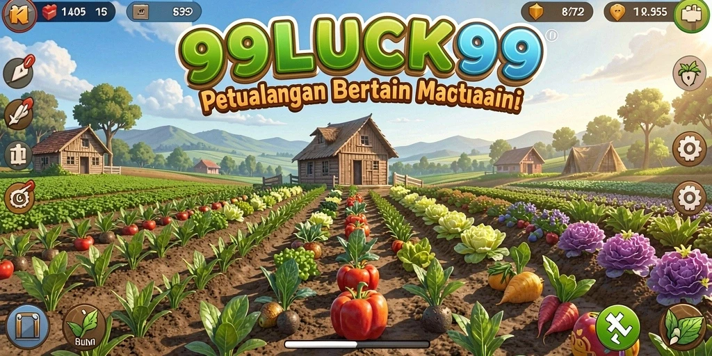 Screenshot gameplay 99LUCK99 menampilkan ladang subur dan tanaman indah.