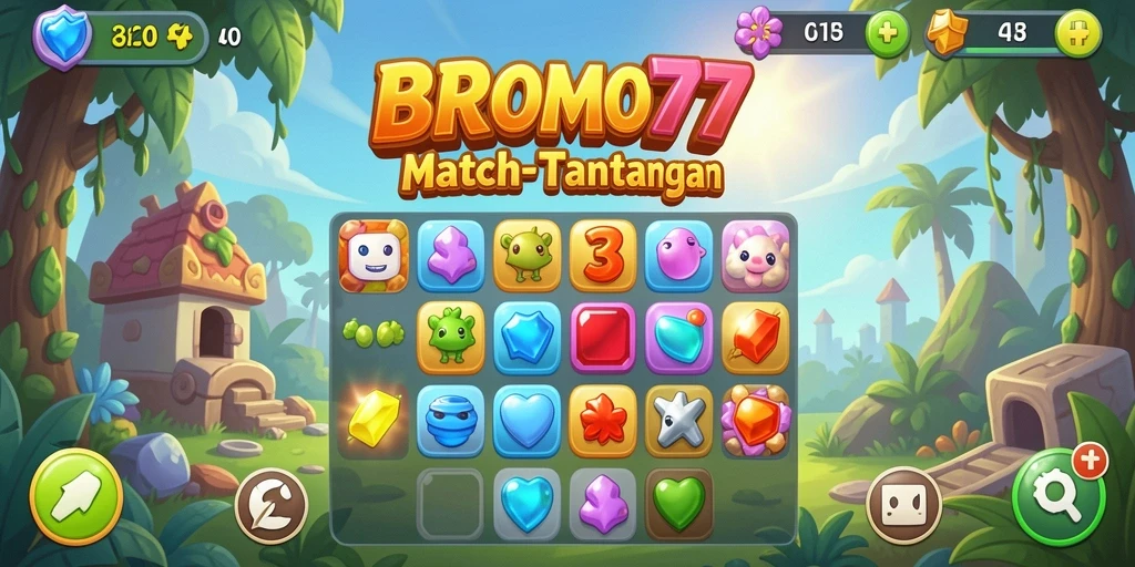 Screenshot gameplay BROMO77 dengan elemen Match-3 yang berwarna-warni.