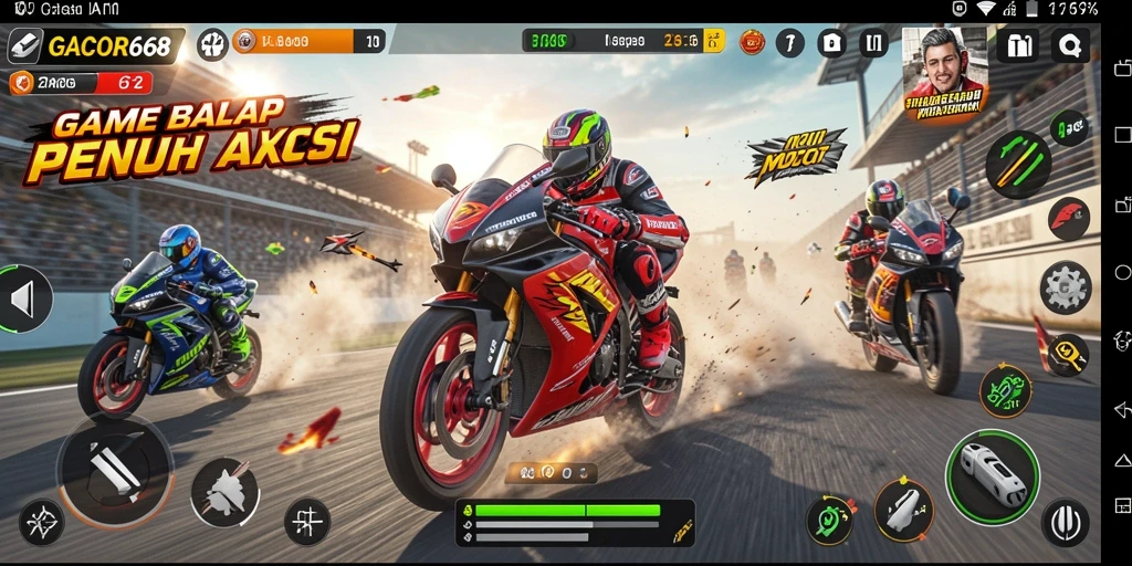 Screenshot GACOR668 menampilkan aksi balap motor yang menegangkan.