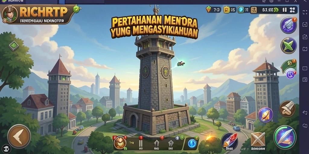 Tampilan gameplay menegangkan di RICHRTP dengan menara bertahan.