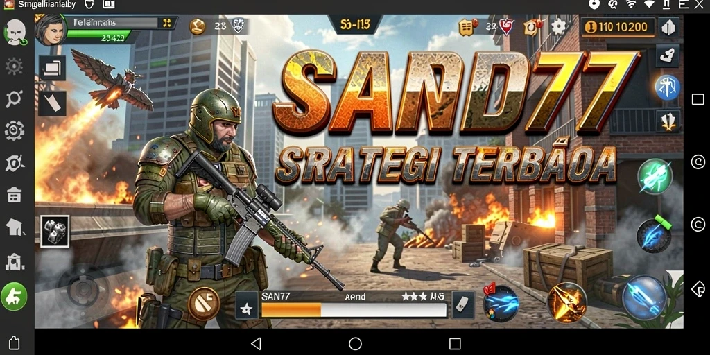 Screenshot utama SAND77 menampilkan aksi permainan strategi yang intens.