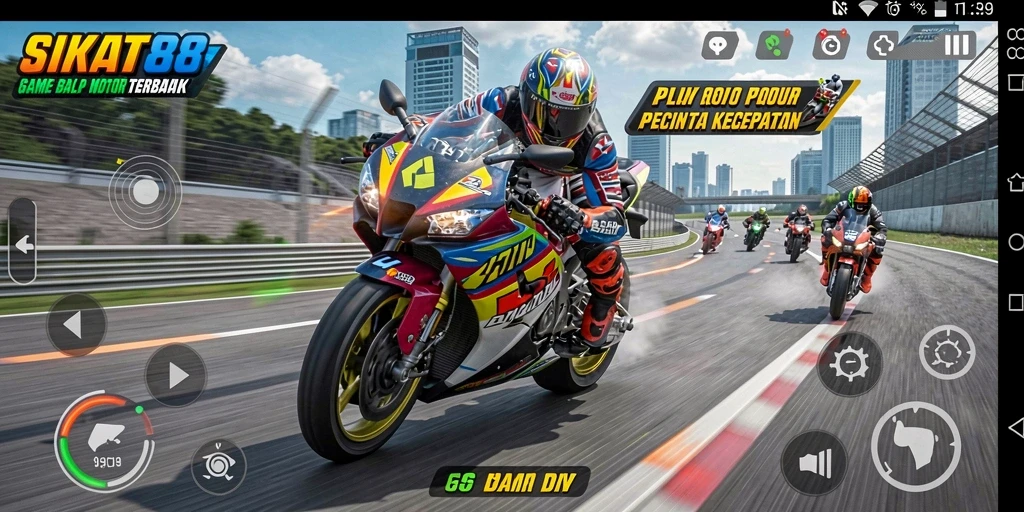 Screenshot gameplay SIKAT88 menampilkan balapan motor yang intens dan mendebarkan.