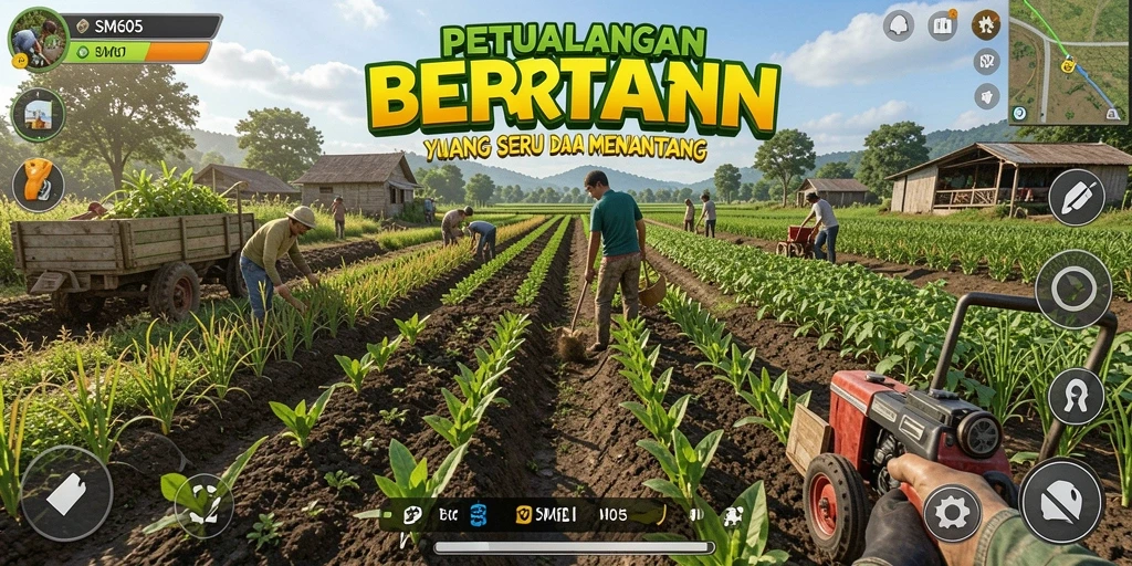 Tampilan seru gameplay bertani di SM605 dengan tanaman subur dan hewan peliharaan.