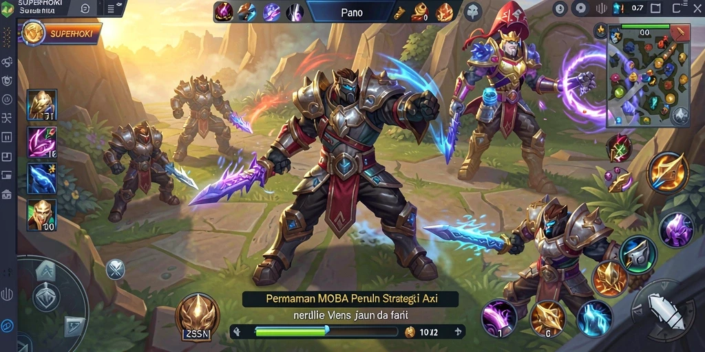 Screenshot SUPERHOKI menampilkan aksi pertempuran seru dalam game MOBA.