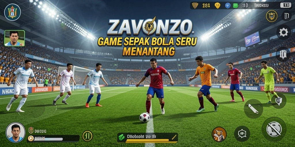Screenshot gameplay ZAVONZO menampilkan aksi seru di lapangan sepak bola.